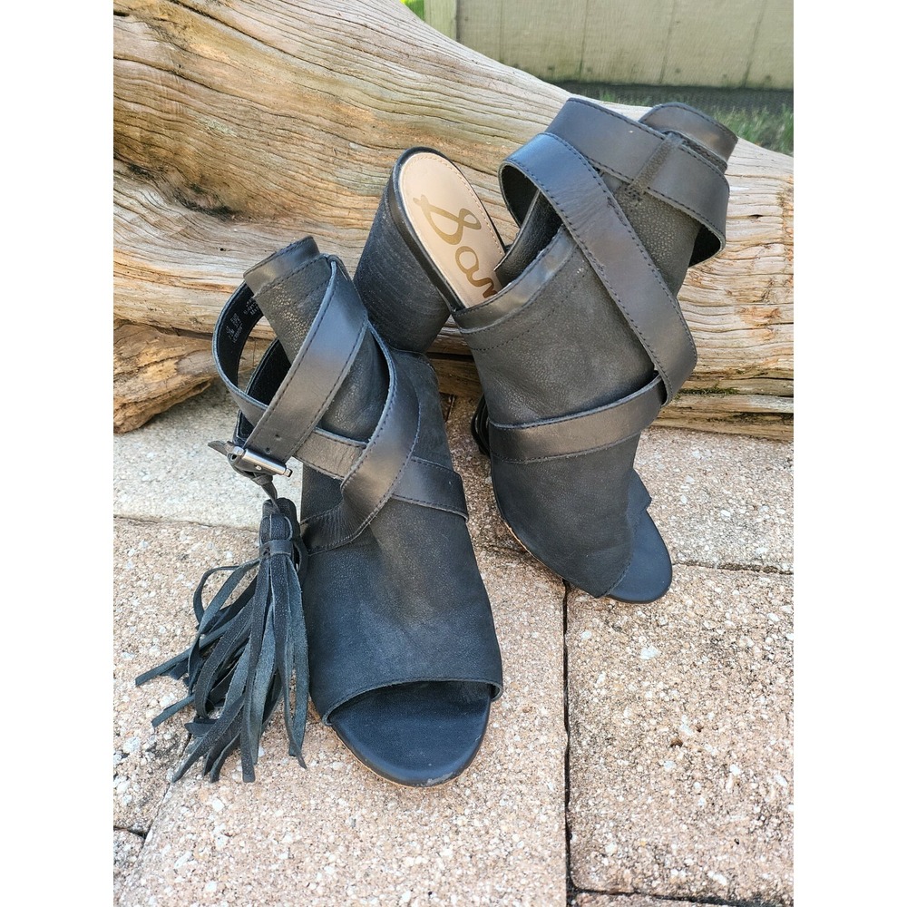 Sam Edelman Woman's Vermont Black Leather 7.5 M Tassel Peep Toe Ankle Boots